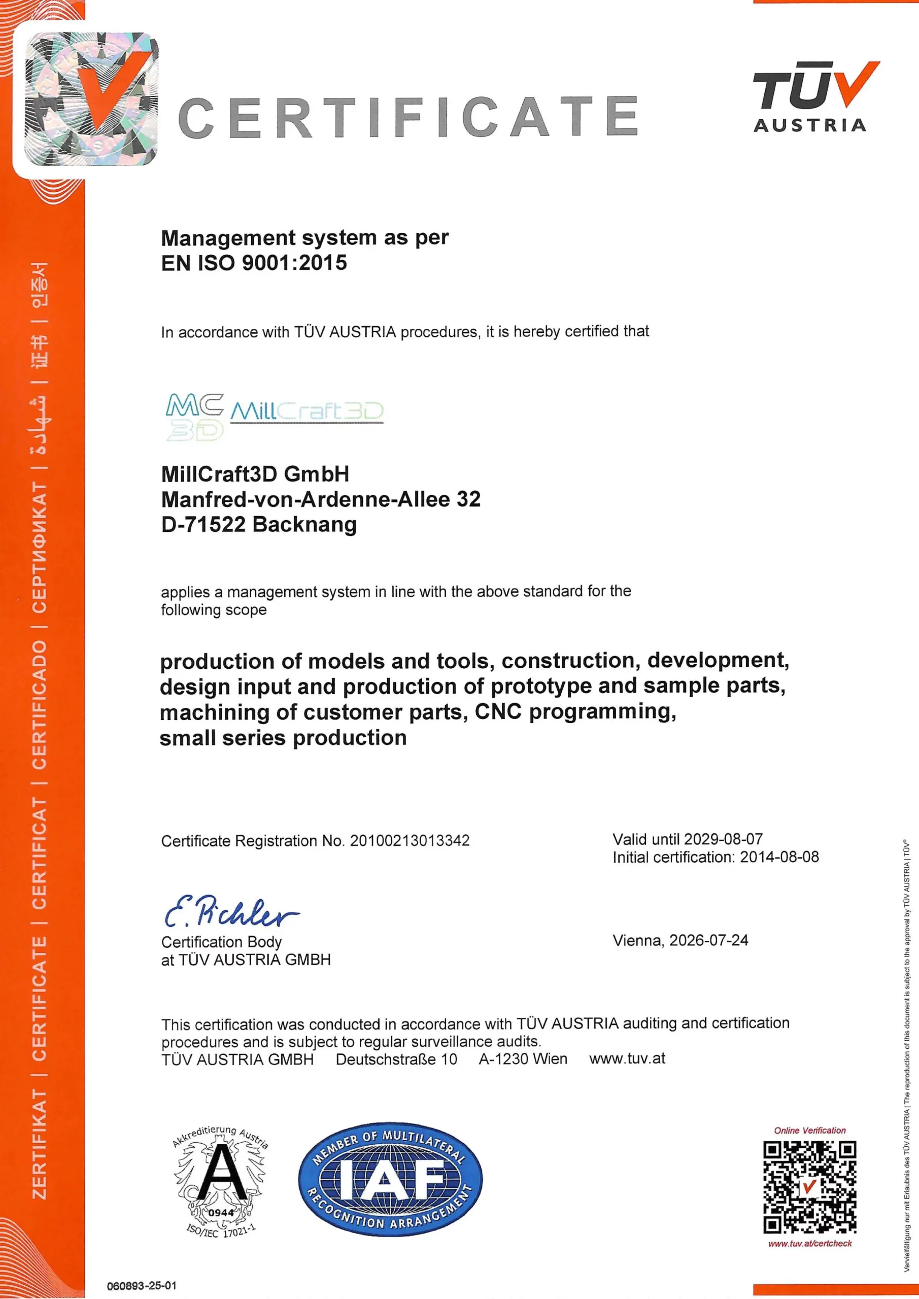 Certificate for the management system in accordance with EN ISO 9001:2015